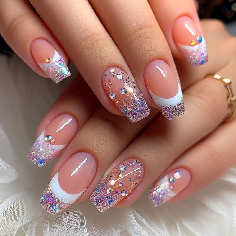 48pcs-Glitter Ombre Press On Nail, Nude Pink French Tip with Sparkle Rhinestones
