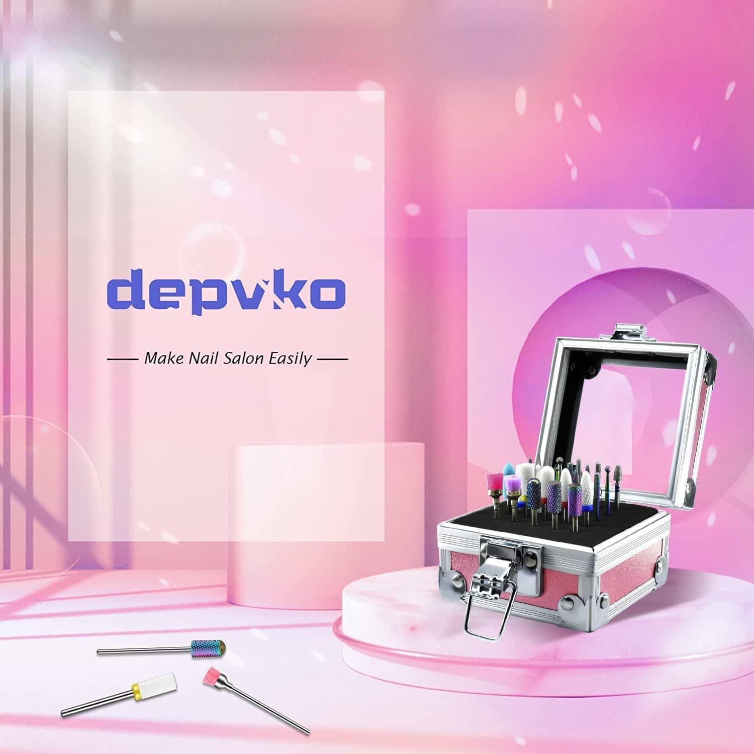 Nail Drill Bits Set with Portable Pink Case, 3/32 Inch Drill Bits