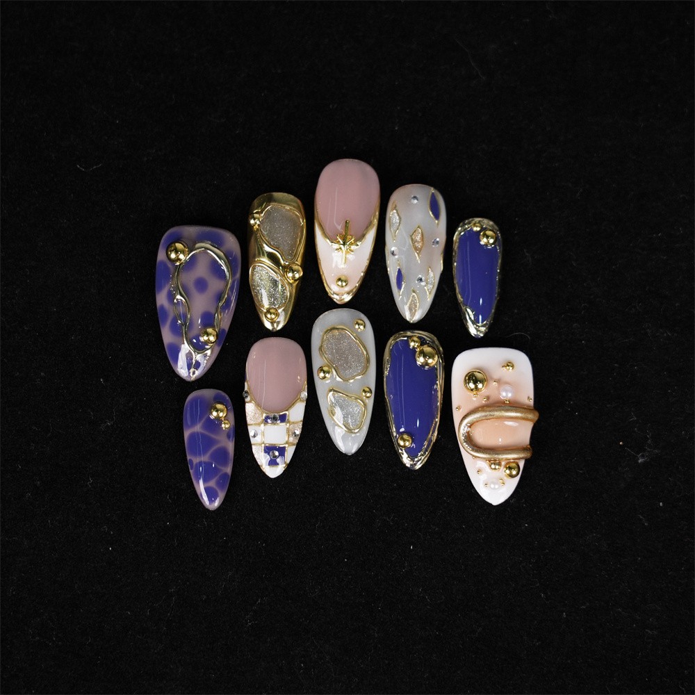 10pcs-Press on Nails Metallic 3D Luxury Almond Nail Set Reusable Handmade Short