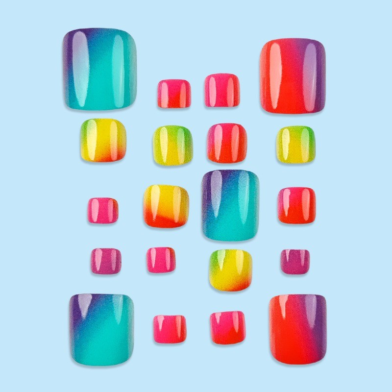 48P Short Square Toe Press on Nails, Colorful Rainbow Ombre Glossy Fake Toenails
