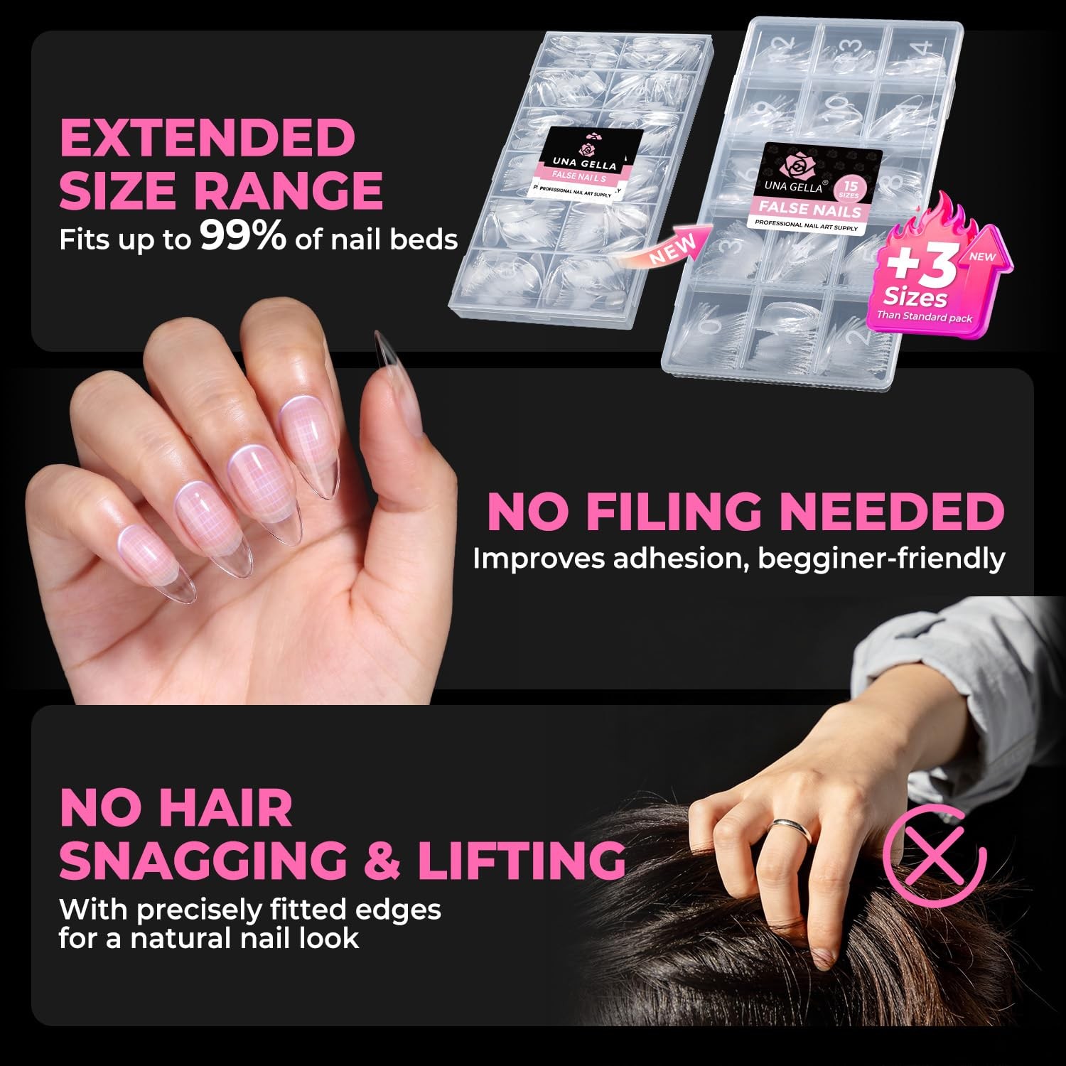 UNA GELLA Almond Nail Tips 360Pcs, 15 Sizes No Filing Needed Soft Gel Medium…