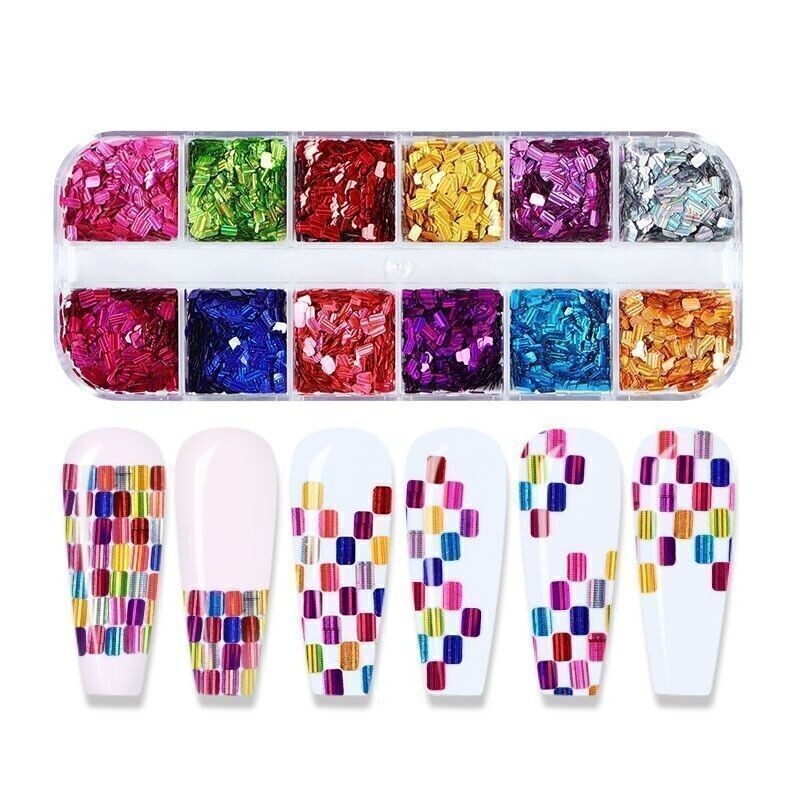 12 Grids Rectangle Nail sequins Glitter Flakes Slices False Nail Art Tips Decor