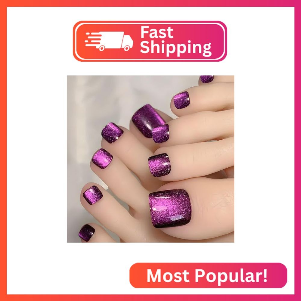 FJSMTOPl Press on Toenails Cat Eye Fake Toe Nails Purple False Toenails Glossy F