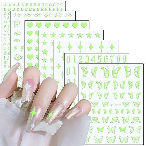 7 Sheets Green Nail Art Stickers, 3D Geometry Nail Transfer Decals, Butterfly