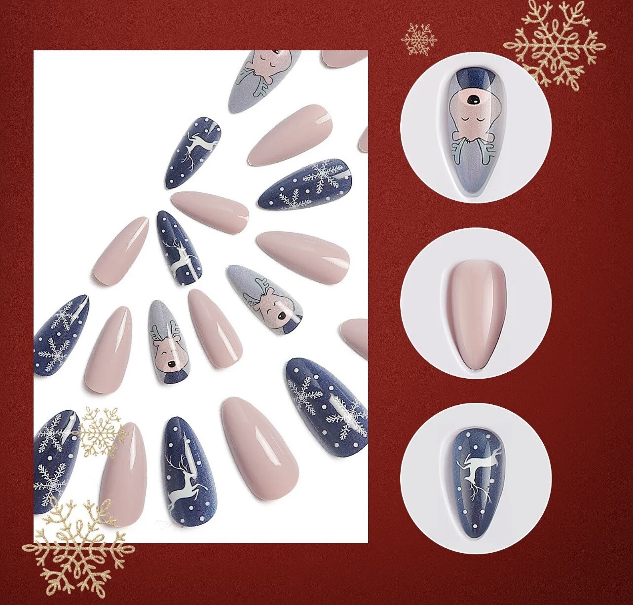 Christmas Almond Short Press On Nails False Nails 24 PCs Glue Stick Girls Women