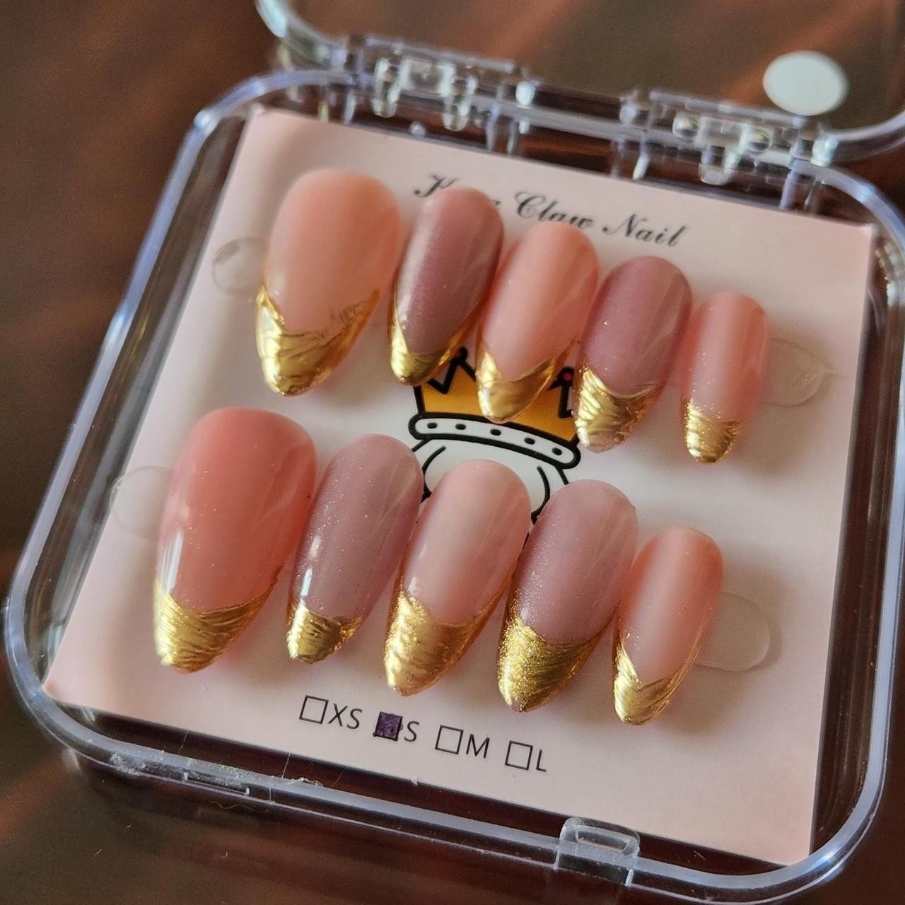 Pink Cateye 2.5 length Almond Gold Tipped Press-On Nails. Size S