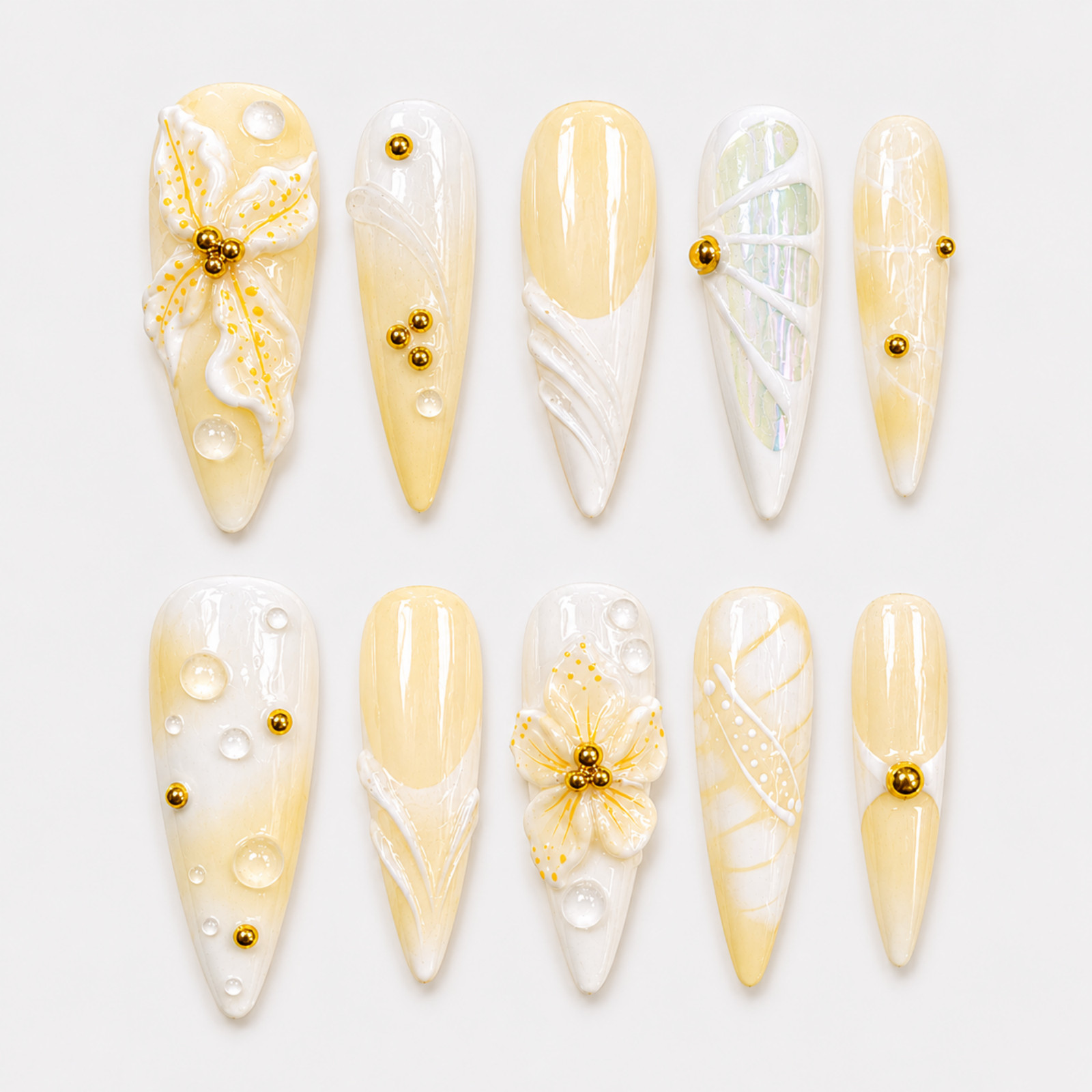 Handmade Yellow White Floral Press On Nails 3D Flower Gold Bead Set