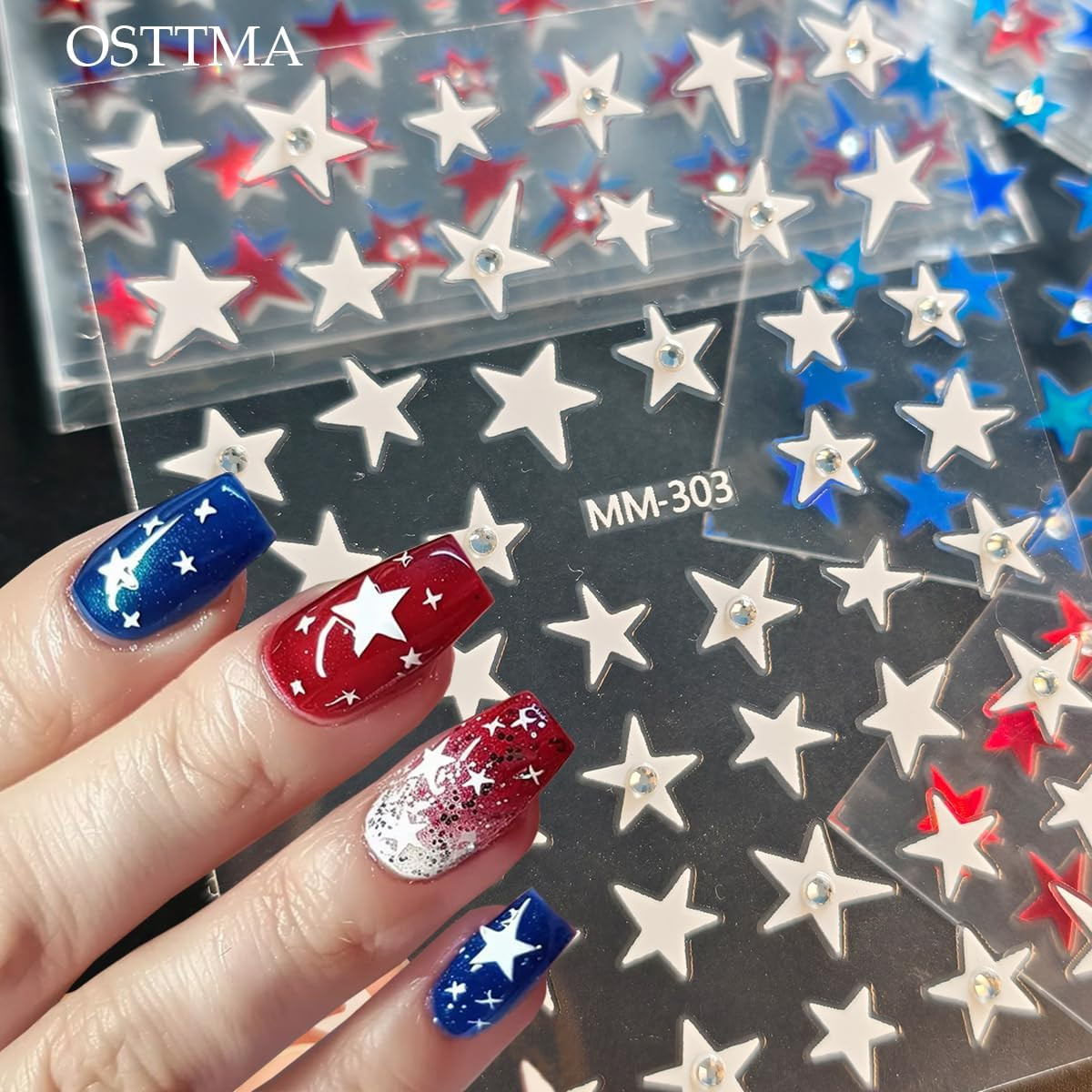 Independence Day Nail Stickers for Nail Art, Shiny Star Nail Decals Rhinestones