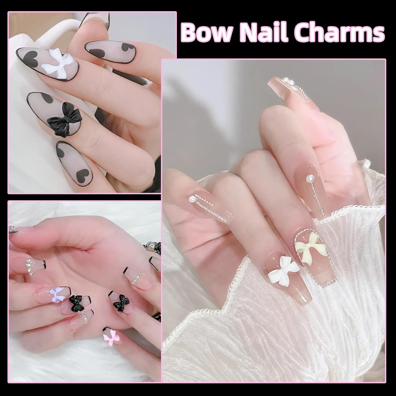 3D Bows Nail Charms, Pink Color White Red Black Bows Flowers Pearls Nail Charms,