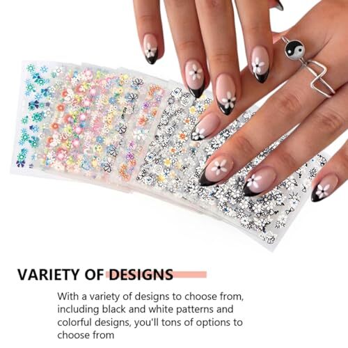30 Sheets Flower Nail Stickers 3D Self-Adhesive Black White Colorful Cherry
