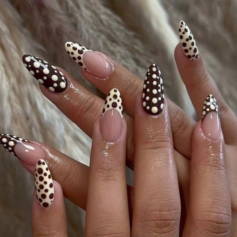 24Pcs Nudes Colored French Tip Press On Nail Dot Design ABS Multiple Sizes