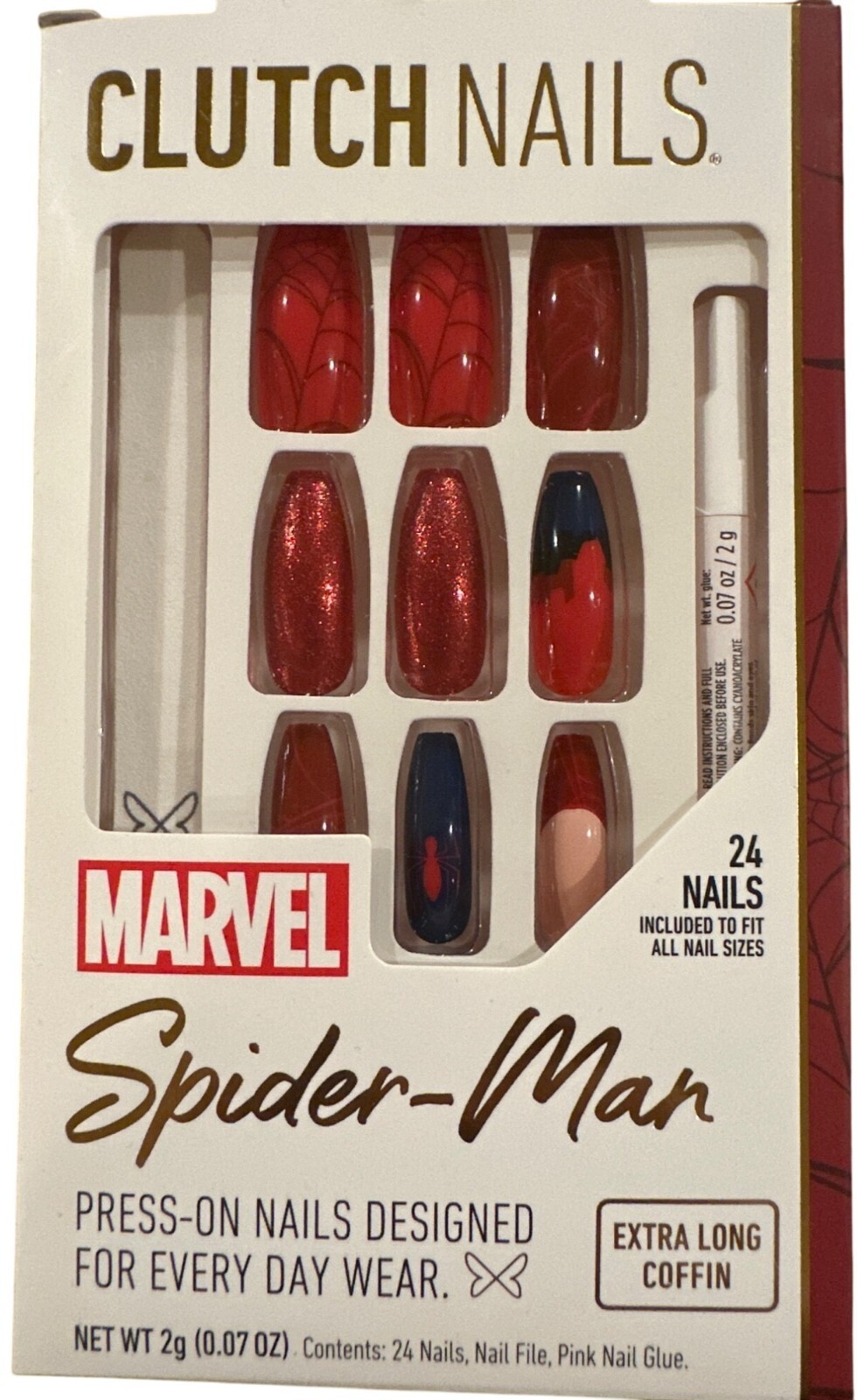 Clutch Nails 24 Nails Marvel Long Coffin Glossy+Shimmer Red+Blue Spider-Man