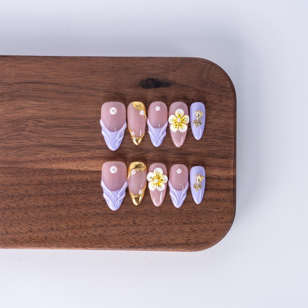 Handmade Press On Nails High Quality Gradient Floral Almond Fake Nail for Office