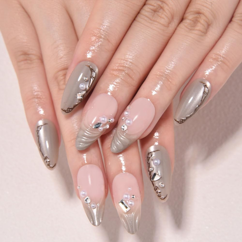 evpct Nude Pink Short Almond 3D Wave Pearl Press on Nails