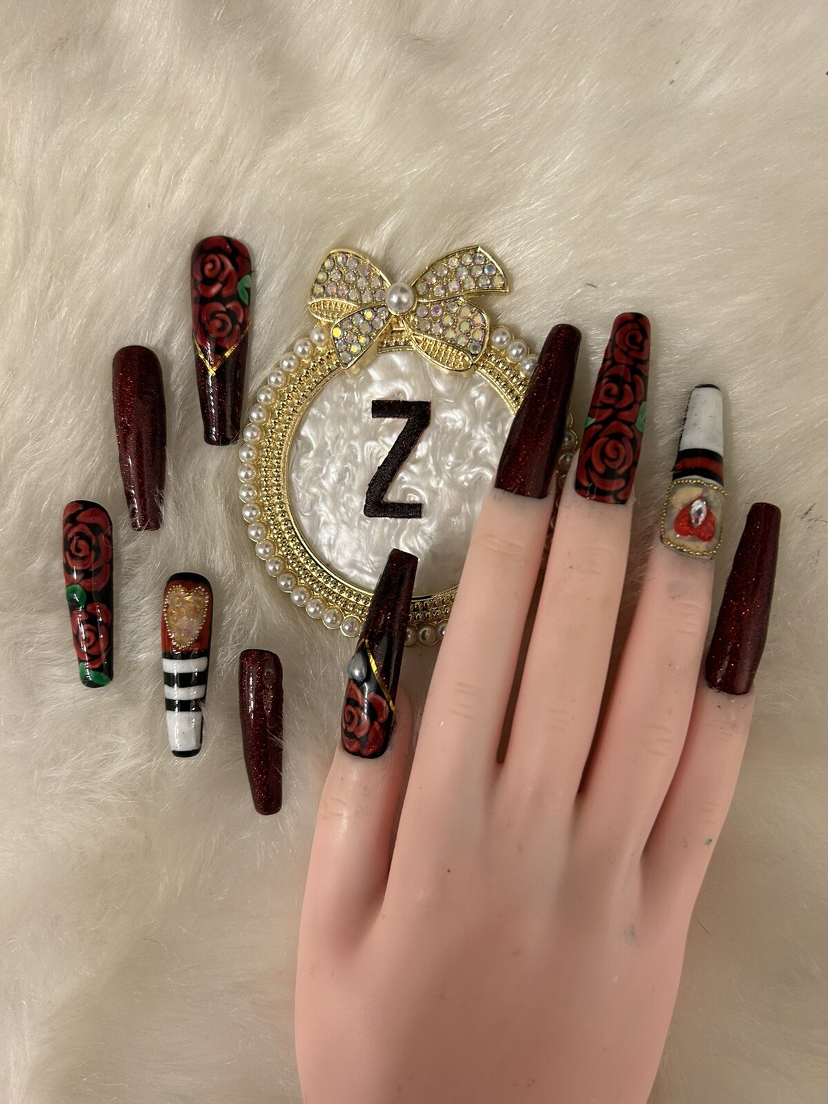 Z NAILZ! Gorgeous Set Of Handmade 3XL Black/Red Ballerina Press On Nails