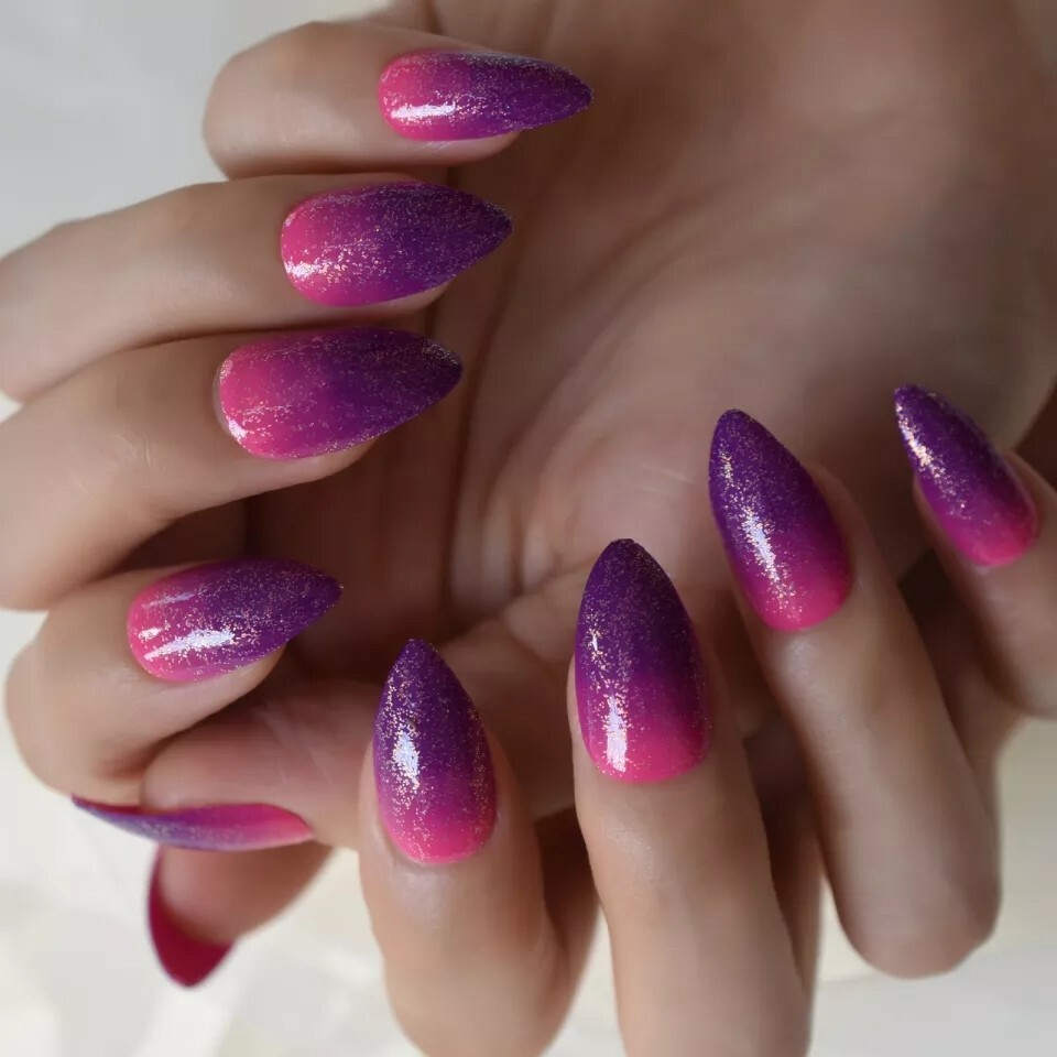 24 Ombre pink purple Press On Nails w/ Glue pointed almond stiletto glitter