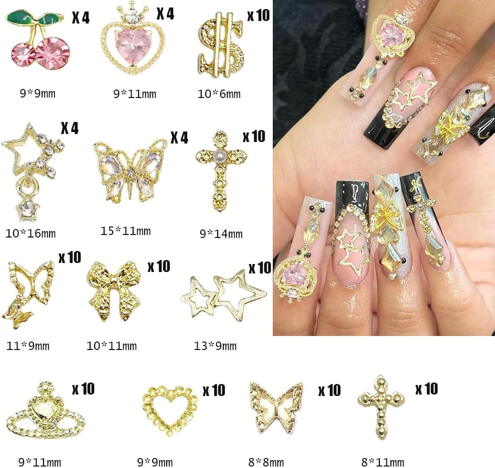 106 PCS Gold Nail Charms 3D Nail Art Charms Cherry Butterfly Cross Bow Star Hear