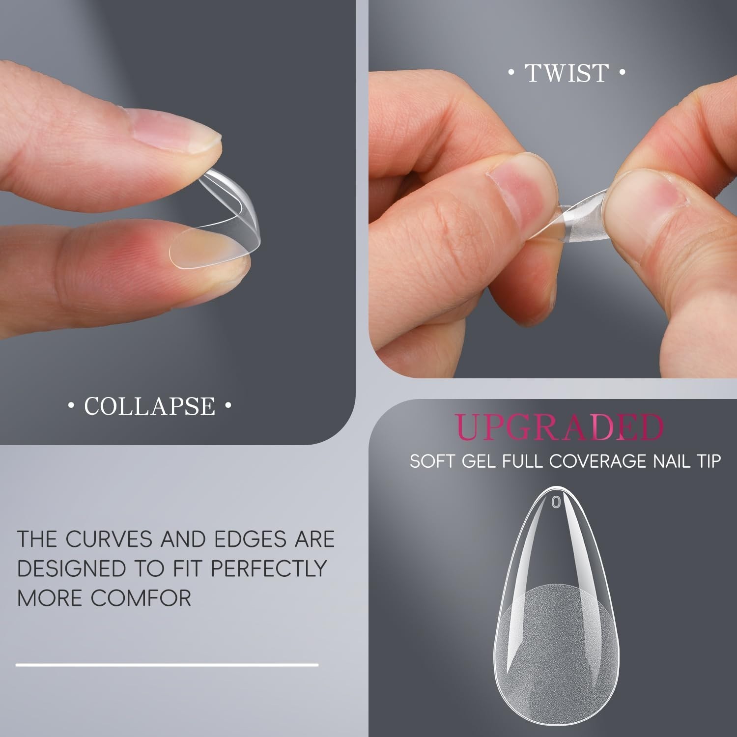 Professional 240Pcs Soft Gel Almond Nail Tips in 12 Sizes with Half Matte Finish