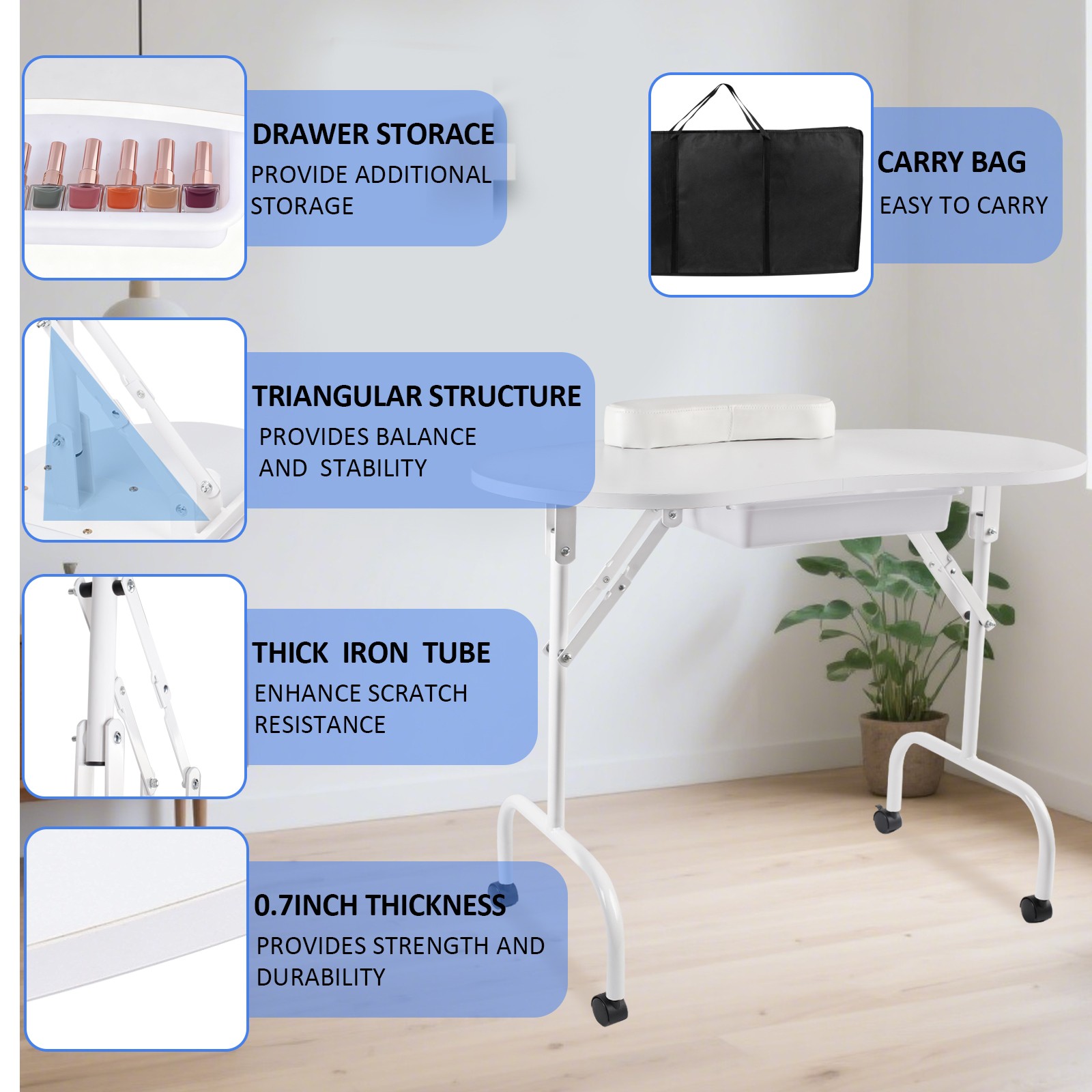 Portable Folding Manicure Table Nail Tech Desk Lockable Wheels Bag Drawer White