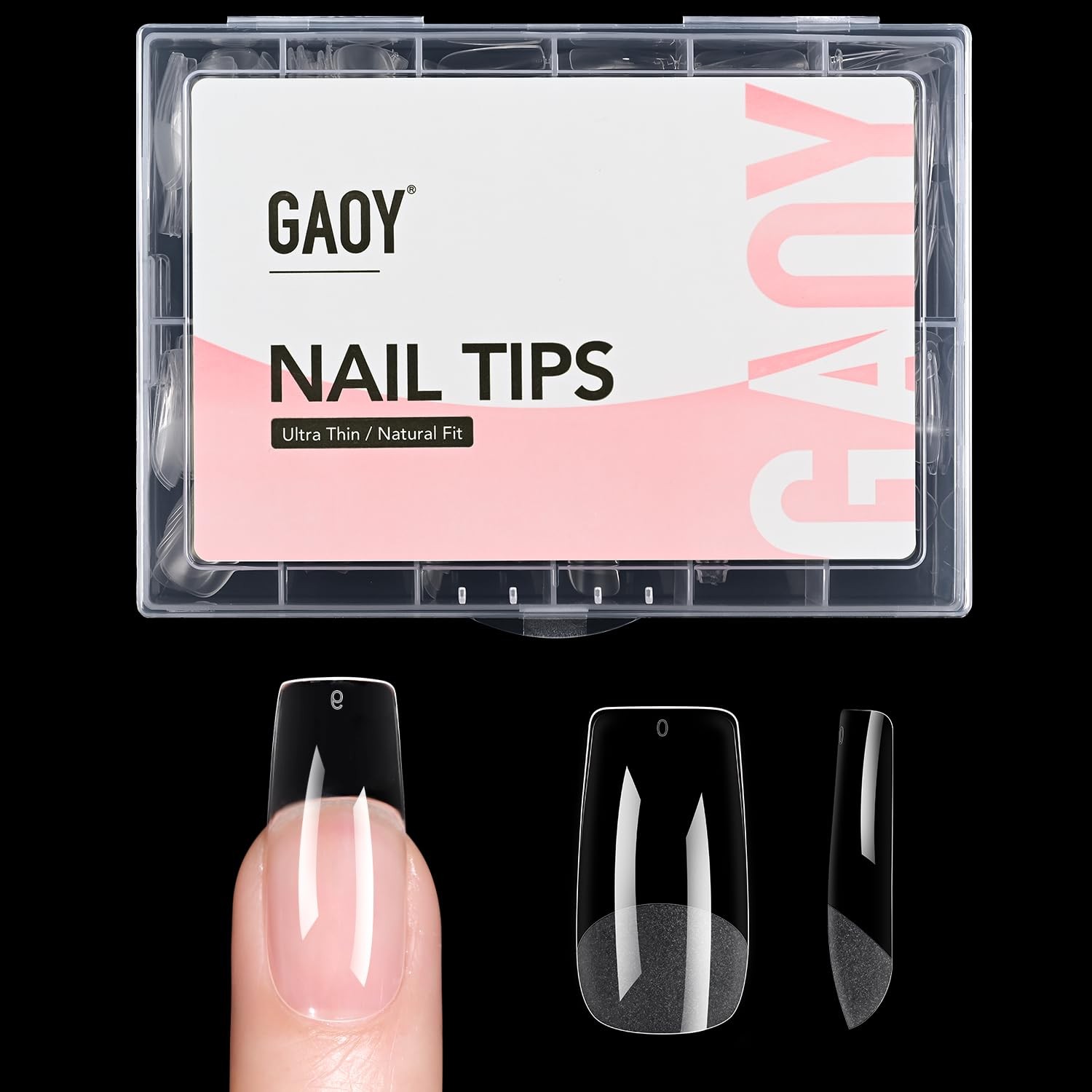 GAOY Medium Square Fake Gel Nail Tips, 12 Sizes False Full 240 Piece, Clear