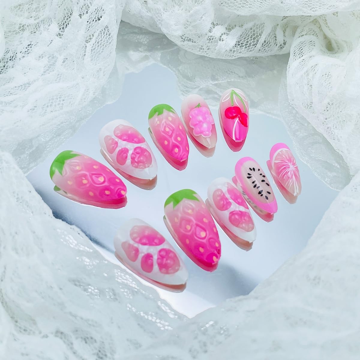 24Pcs Summer Fruit Press on Nails Almond Long 1 Fl Oz (Pack of 1), Multicolor