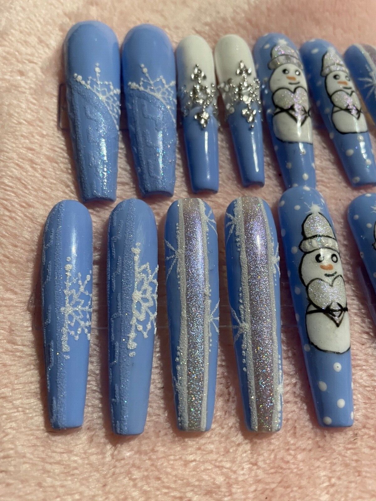 Custom acrylic Press on Nails 3XL 20 snowman snowflake sparkles gems blue silver