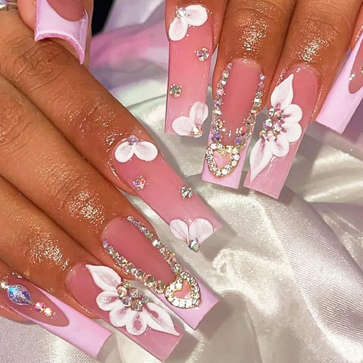 Press on Nails Long Square 3D Alloy Heart Rhinestones Petal Charms Nail Tips …