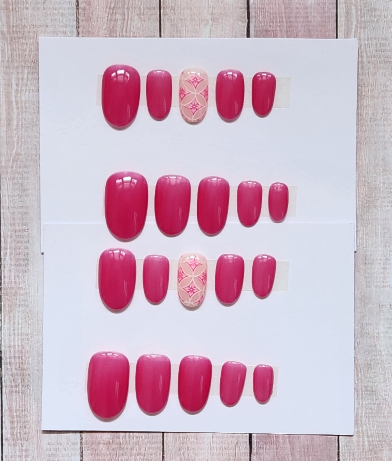 Custom Press On Handmade Gel Nails Pink Mosaic Accents Oval Short 20 Tips