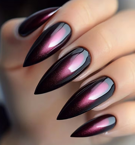 24 Pcs Press-On Nails Long Almond Shiny – Gradient Purple Cateye Nails
