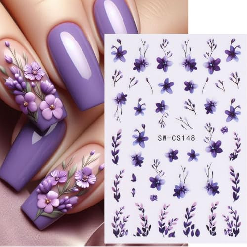 Flower Nail Stickers for Nail Art Spring Nail Decals 6PCS 3D Blue Purple Pink