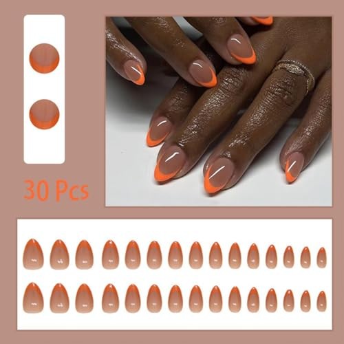 30Pcs Short Almond Press on Nails French Tip Fake Nails Orange Acrylic A10