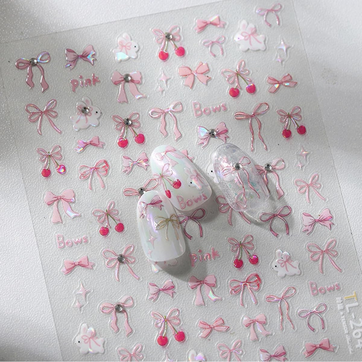 1Pcs Bow Nail Stickers for Nail Art 5D Pink Bow Nail Decals Embossed Cute Rab…