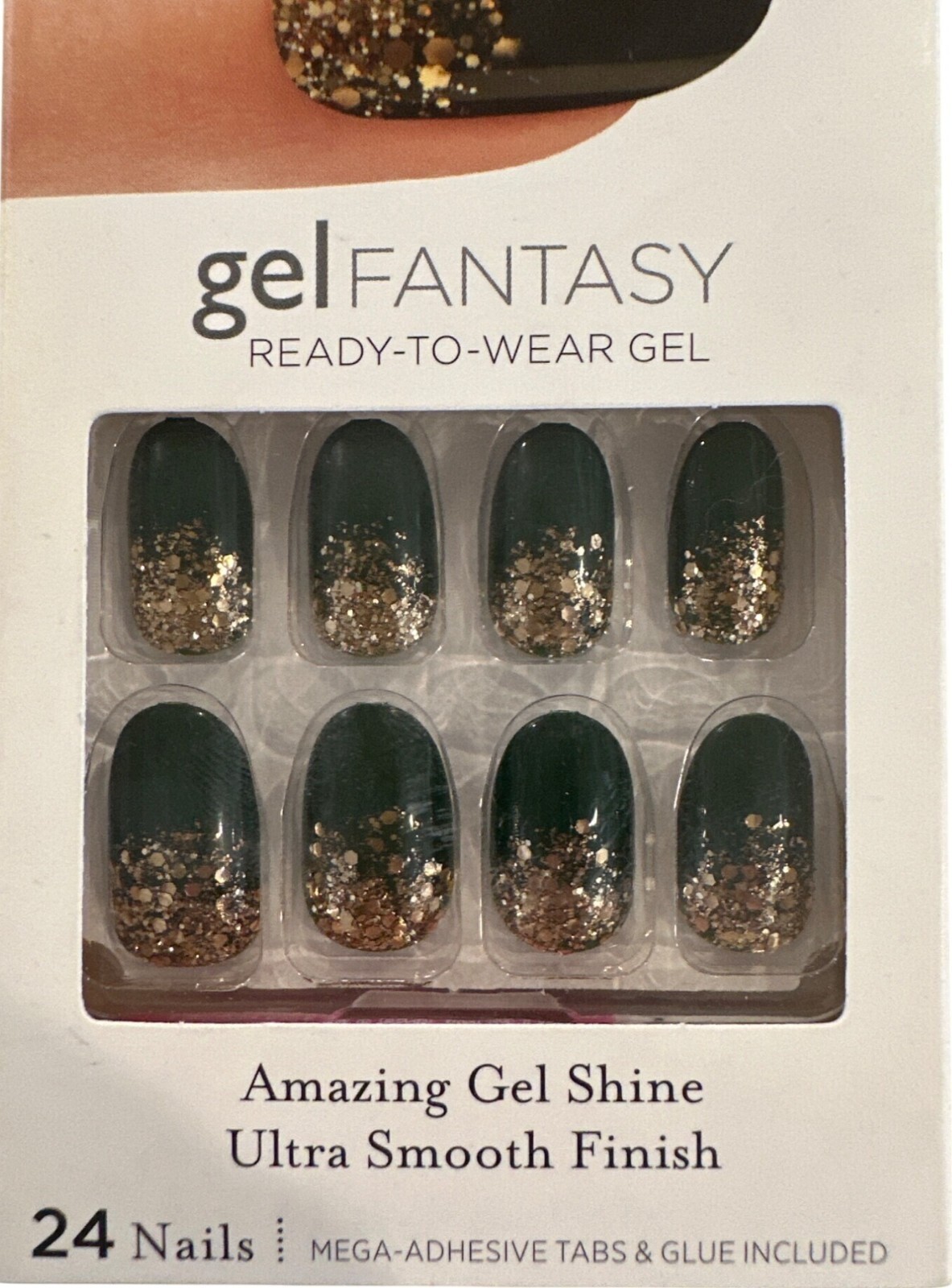 Kiss GEL FANTASY 24 Nails Medium Oval Glossy + Glitter Green + Gold Ultra Smooth