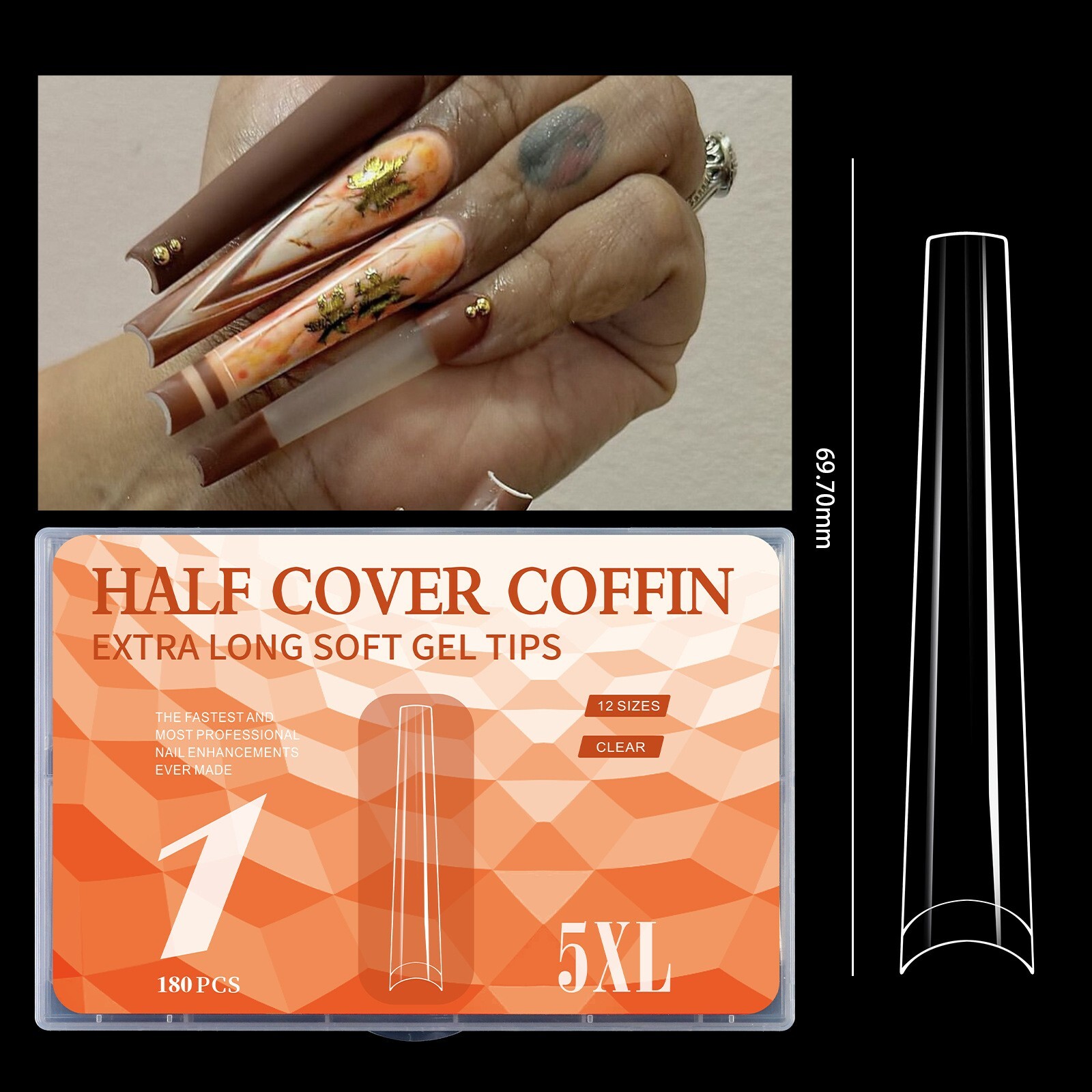 180pcs 5XL Extra Long Coffin/Stiletto/Square/Ballerina Soft Gel Nail Tips Clear