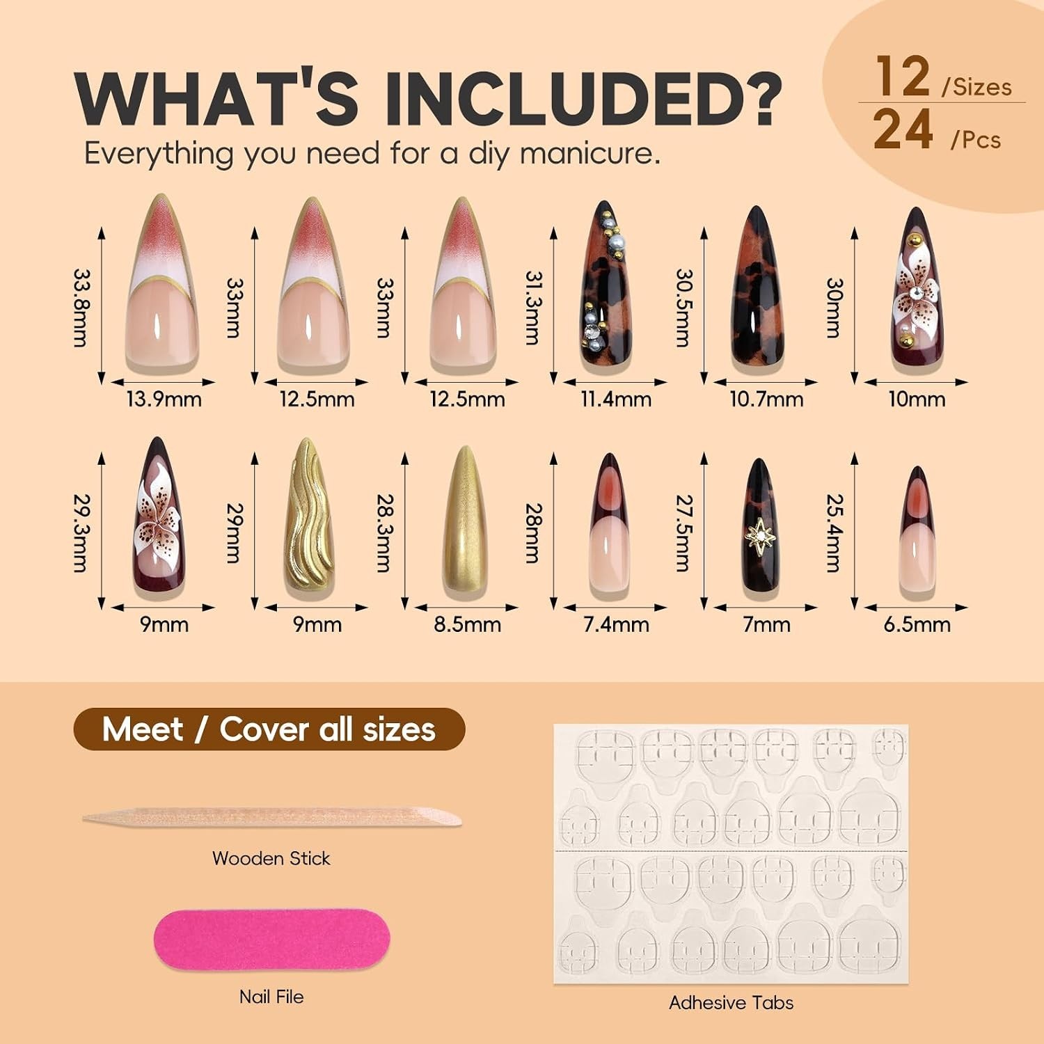 Luxury Long Almond Press-On Nails: 3D Brown Flower & Rhinestone Charm Set