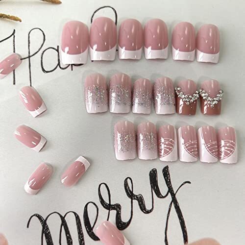 Pink Press On Nails Short Square, Coffin Shape Full Cover Reusable Rhinestones