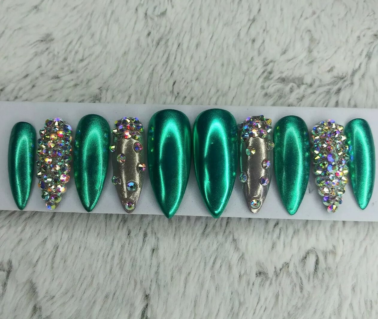 Teal & silver chrome stiletto bling nails green crystal emerald Christmas set