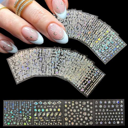 30 Sheets Silver Nail Art Stickers Aurora Silver Star Moon Nail Decals 3D Self