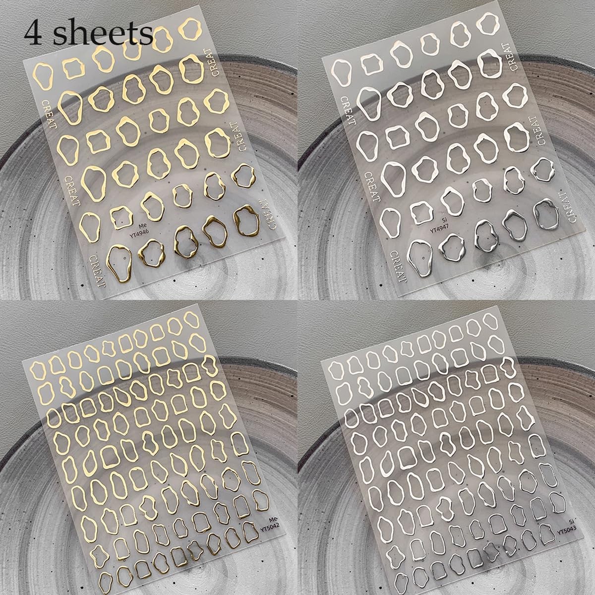 5D Embossed Metal Nail Art Stickers, 4Sheets Gold Silver Irregular Multicolor