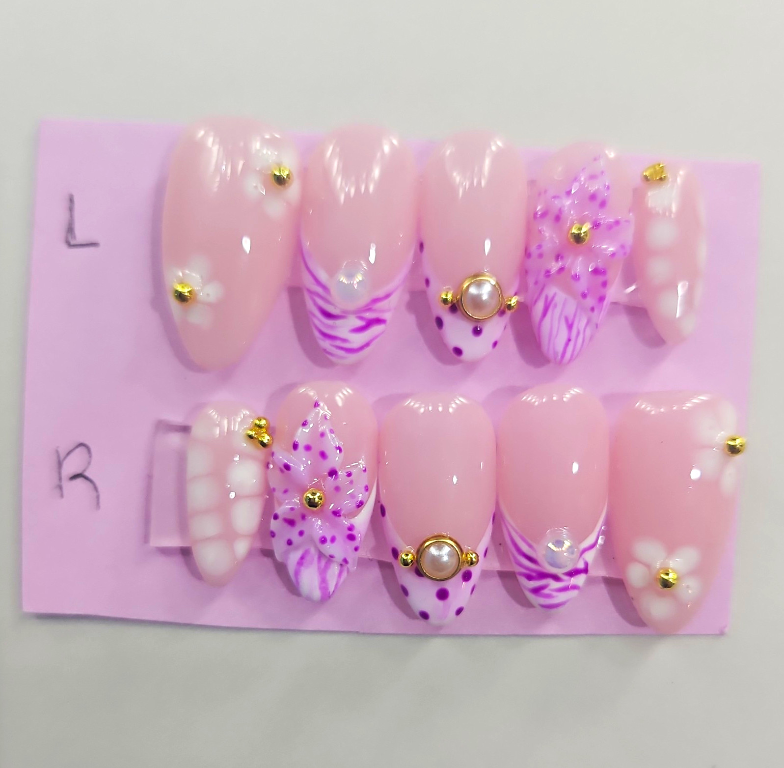 Pink/Purple 3D Abstract Acrylic Press-On Nails, Coffin Long, Pre-Designed