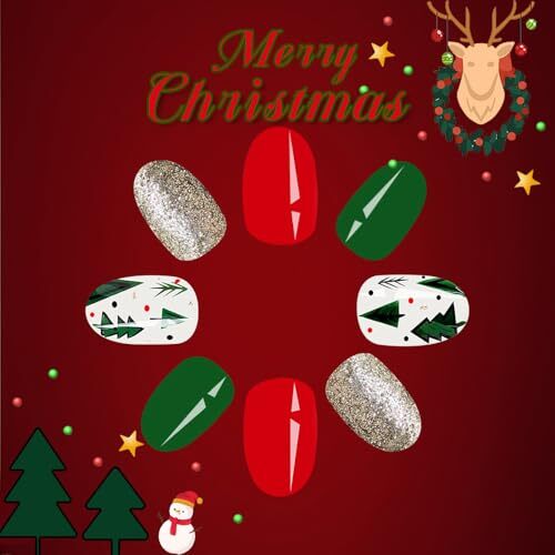 Christmas Press on Nails Short Oval Fake Nails Green Christmas Tree False A7