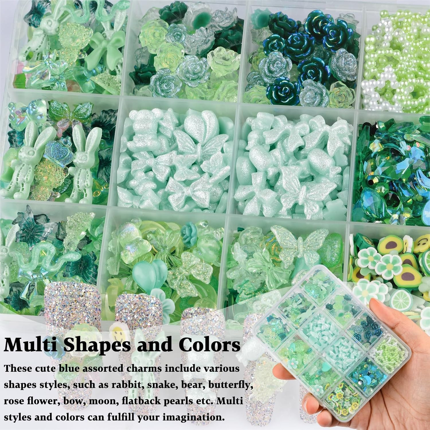 850 Pieces 3D Butterfly Rose Flower Bow Rabbit Bear Nail Charms Small, Green