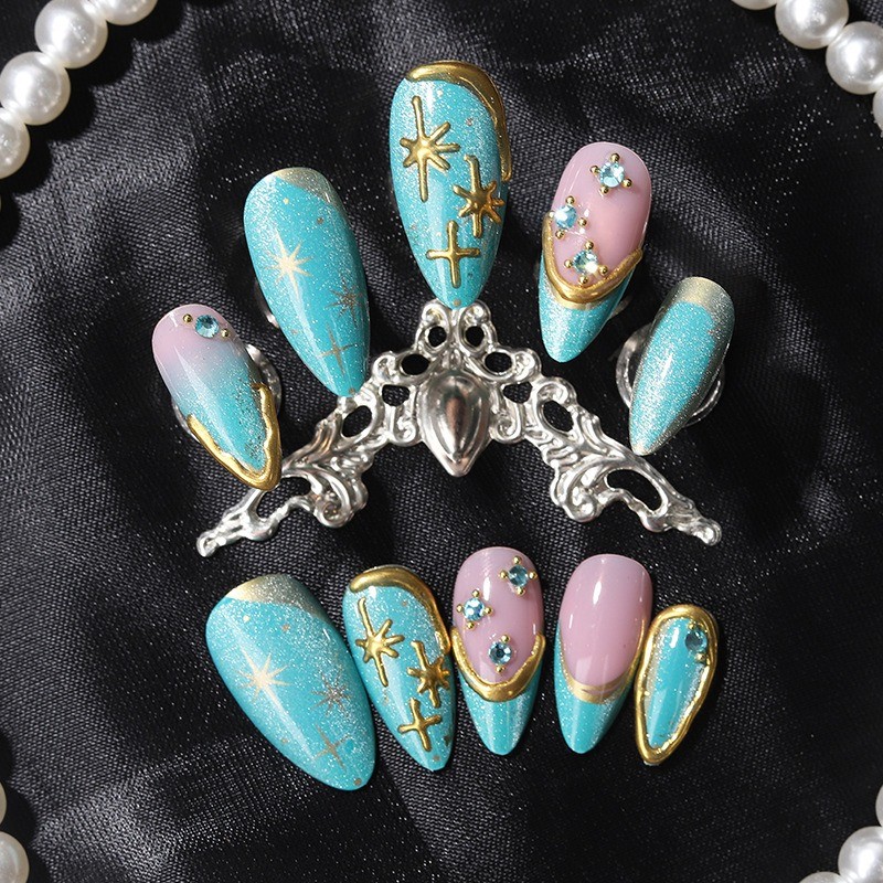 48Pcs-Glossy Nude Press on Nails Teal Cat Eye Gold Trim Star Long Almond Nails