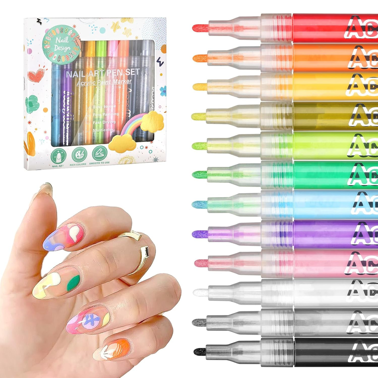 Nail Art Pens for Painting Nails,12 Colors Nail Polish Pens Quick Dry,3D Acrylic