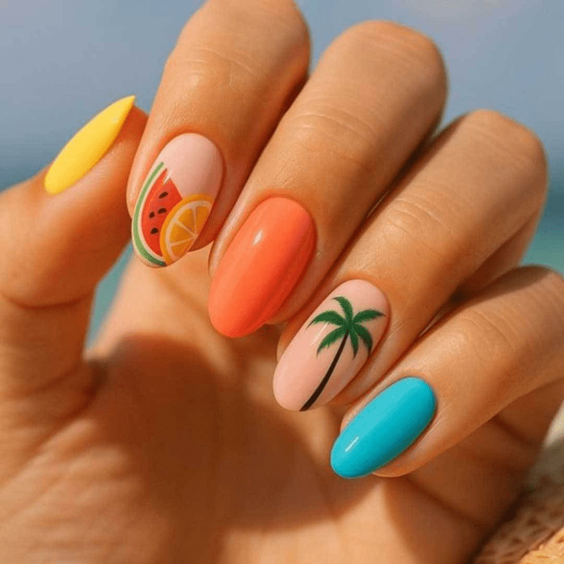 48 Pcs Fruit Palm Tree Print Press on Nails, Medium Almond Summer Fake Nails