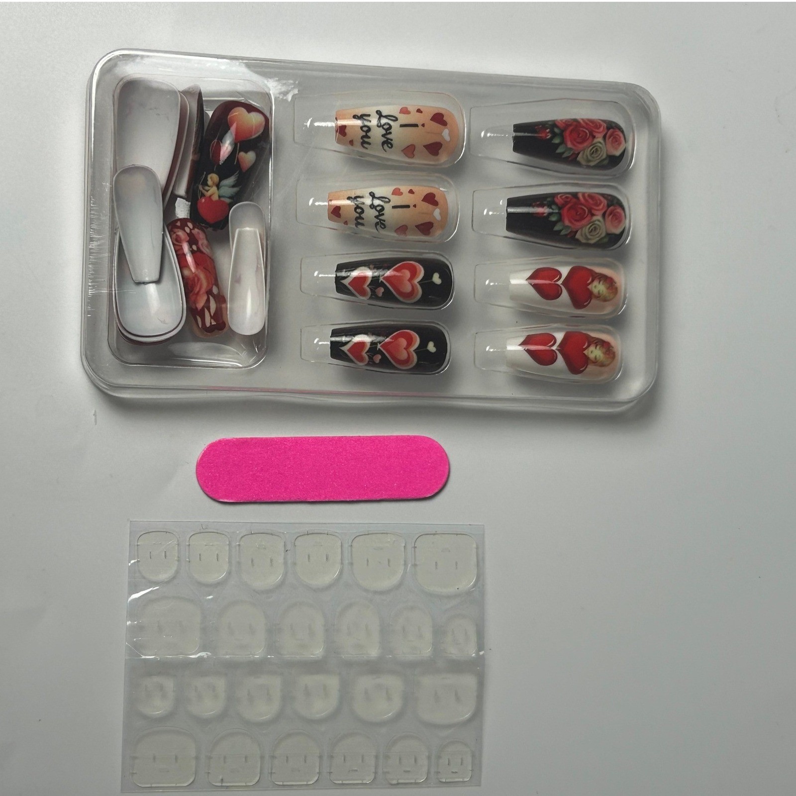 24Pc Glossy Heart Rose Press On Nails Coffin Ballerina Full Cover Reusable