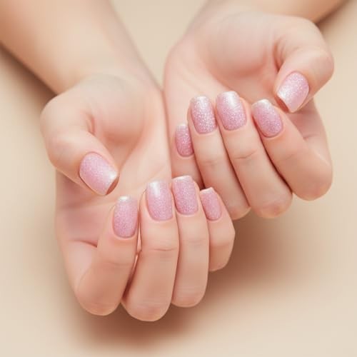Semi Cured Gel Nail Strips 32 pcs UV Gel Nails Sticker Glitter Pink Cat Eyes
