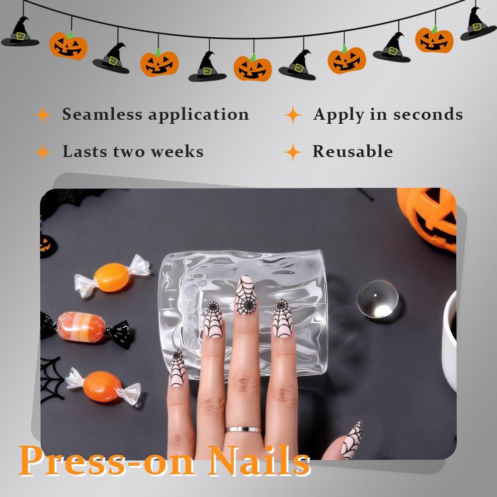 evpct Short Almond Pink Black Cobweb Nail Tips 24Pcs