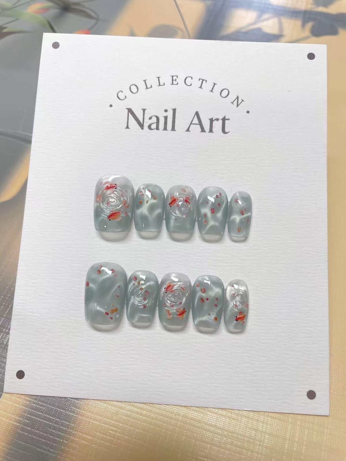 Handmade Light Blue Water Ripple Goldfish Medium Square Press on Nails Set