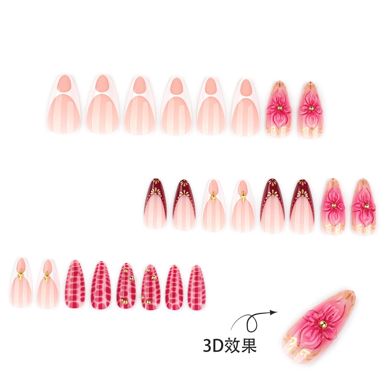 French Tip Press on Nails Medium Almond – 3D Flower Rose Pink almond Shape 45